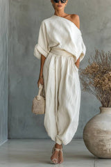 Off-white Linen Off-shoulder Loose Casual Top And Tapered Pants Set