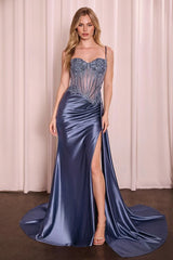 Teagan Gown - Smoky Blue - Fitted Satin & Lace Dress