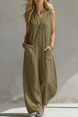 V-Neck Sleeveless Button Front Pocket Wide-Leg Jumpsuit