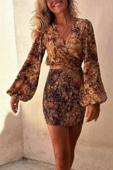 Tie-dye lantern sleeve crop top dress with ruched details