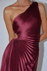 Panama Maxi Dress - Wine - Pleated Dress With Side Cut Out