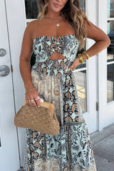 Strapless Twist Cutout Floral Print Waist-Cinched Maxi Dress