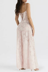 Spaghetti Strap Jacquard Lace Waist-Cinched Tie Maxi Dress