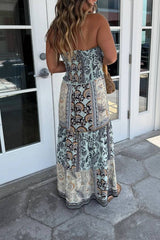 Strapless Twist Cutout Floral Print Waist-Cinched Maxi Dress