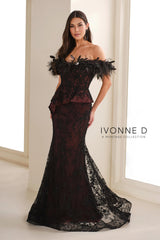 Ivonne D ID6208 Long Mermaid Formal Peplum Feather Evening Dress