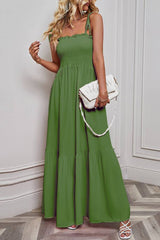 Multi-Color Smocked Tie-Strap Tiered Maxi Dress