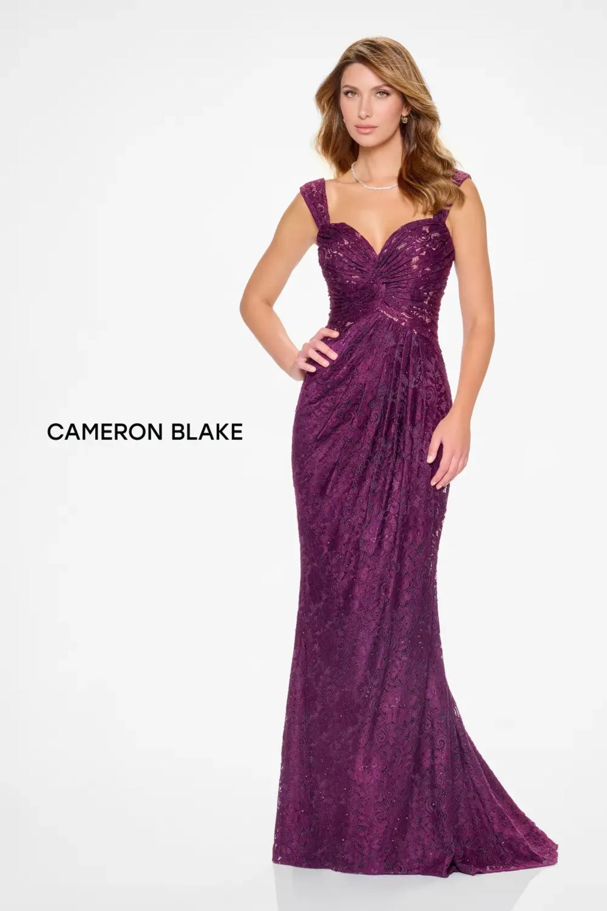 Cameron Blake CB210 Long Mermaid Pleated Formal Lace Evening Dress