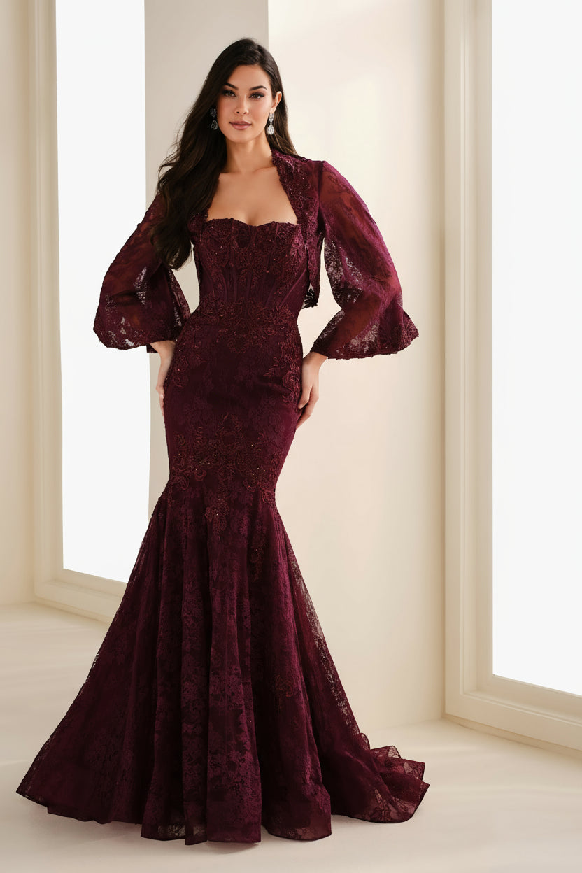 Ivonne D ID1403 Long Formal Floral Lace Evening Jacket Dress