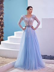 Modessa Couture M20362 A Line Long Sleeve Formal Sequin Evening Dress