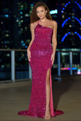 Stardust One Shoulder Sequin Gown - Fuchsia - FINAL SALE