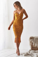 Khaleesi Dress - Mustard - Lace Dress With Fringe
