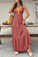 Dusty Rose V-Neck Spaghetti Strap Tiered Maxi Dress