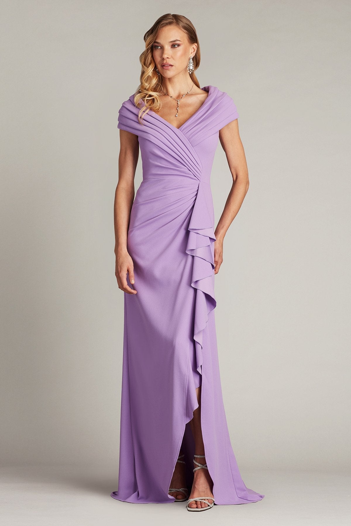 Tadashi Shoji BOS24740L Pleated Long Ruffle Slit Prom Dress