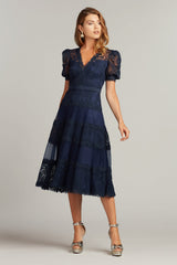 Tadashi Shoji BSU21108MD Pleated Floral Lace Midi Cocktail Dress