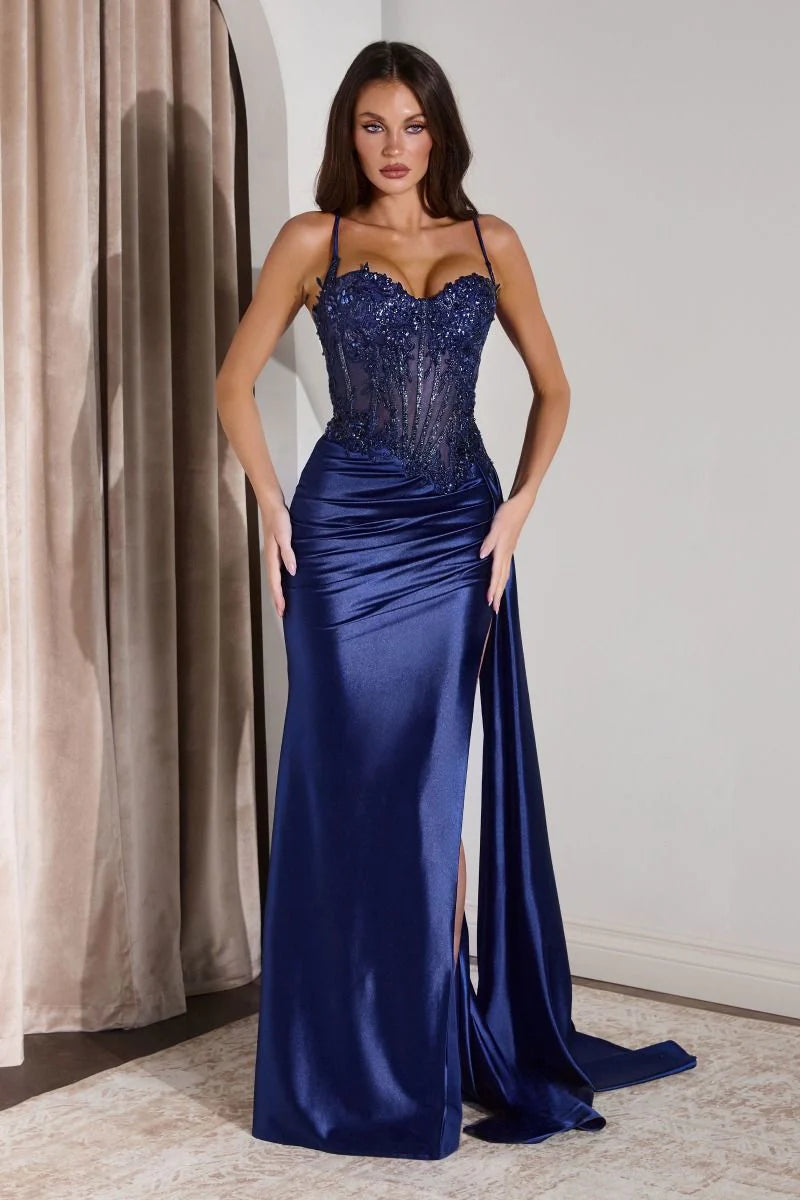 Teagan Gown - Navy - Fitted Satin & Lace Dress