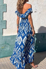 Off-the-Shoulder Ruffle Geometric Print Waist-Cinched Maxi Dress