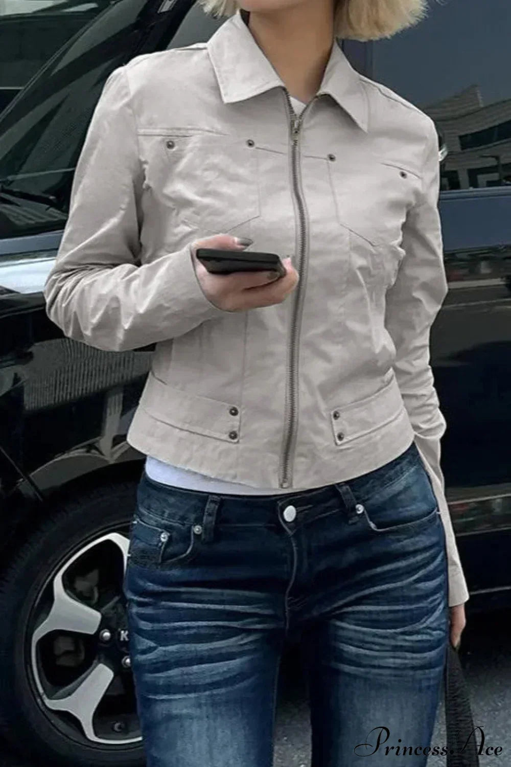 Casual Cargo Solid Lapel Zip Jacket