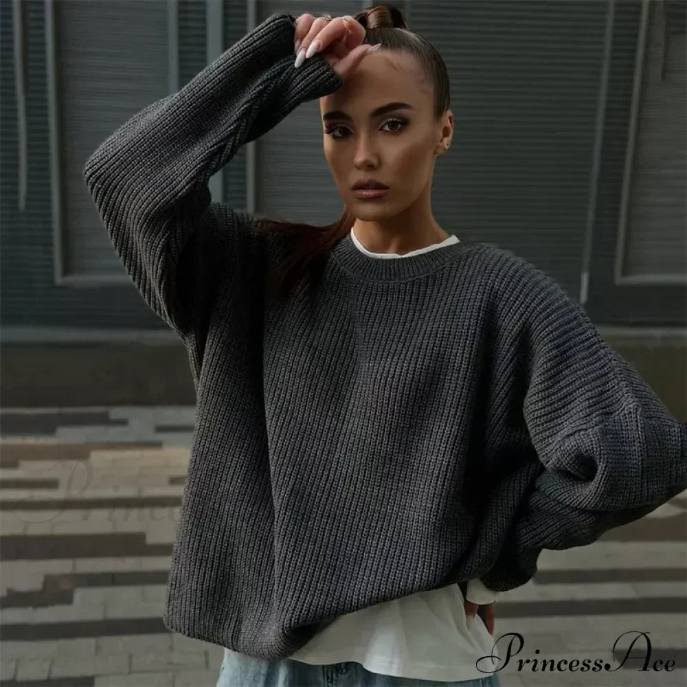 Casual Elegant Striped Cozy Oversize Autumnal Gray Fashionable Sweater