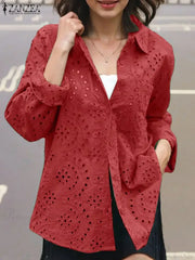 Casual Patchwork Turn-down Collar Embroidered Blouse