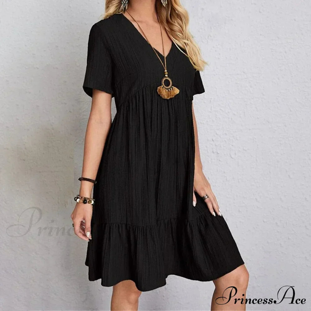 Casual Ruffle V Neck Midi Shift Dress for Women