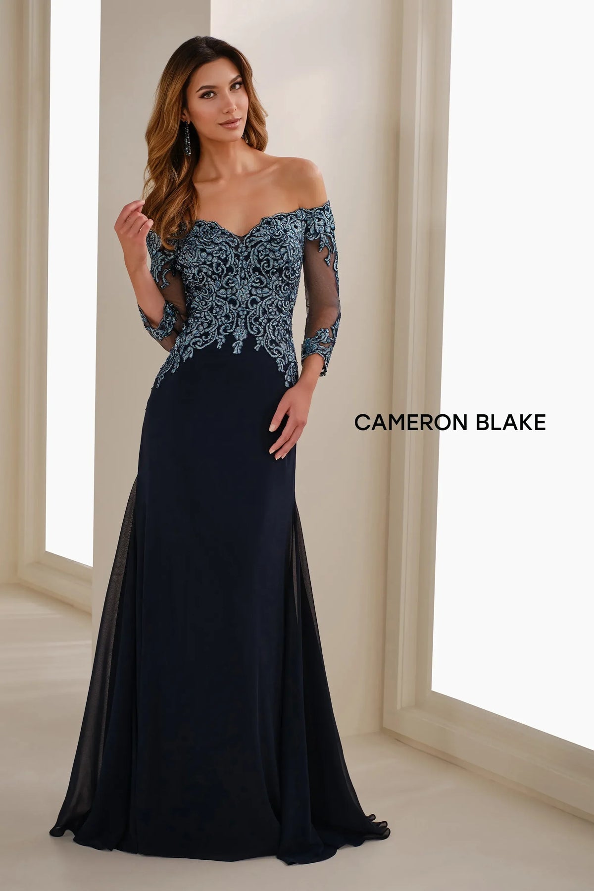 Cameron Blake CB907 Long Formal Lace Applique Evening Dress