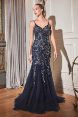 Long Formal Beaded Mermaid Cape Dress by LaDivine S438
