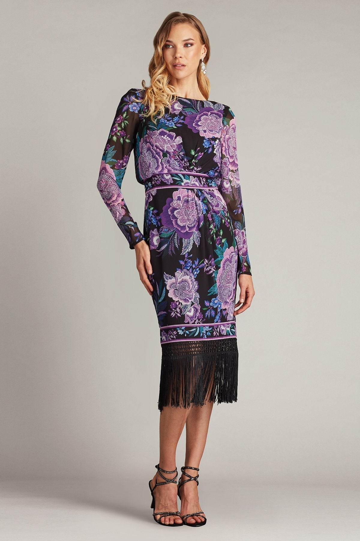 Tadashi Shoji CHZ25451M Midi Length Fringe Floral Fitted Cocktail Dress