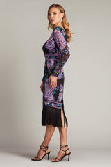 Tadashi Shoji CHZ25451M Midi Length Fringe Floral Fitted Cocktail Dress