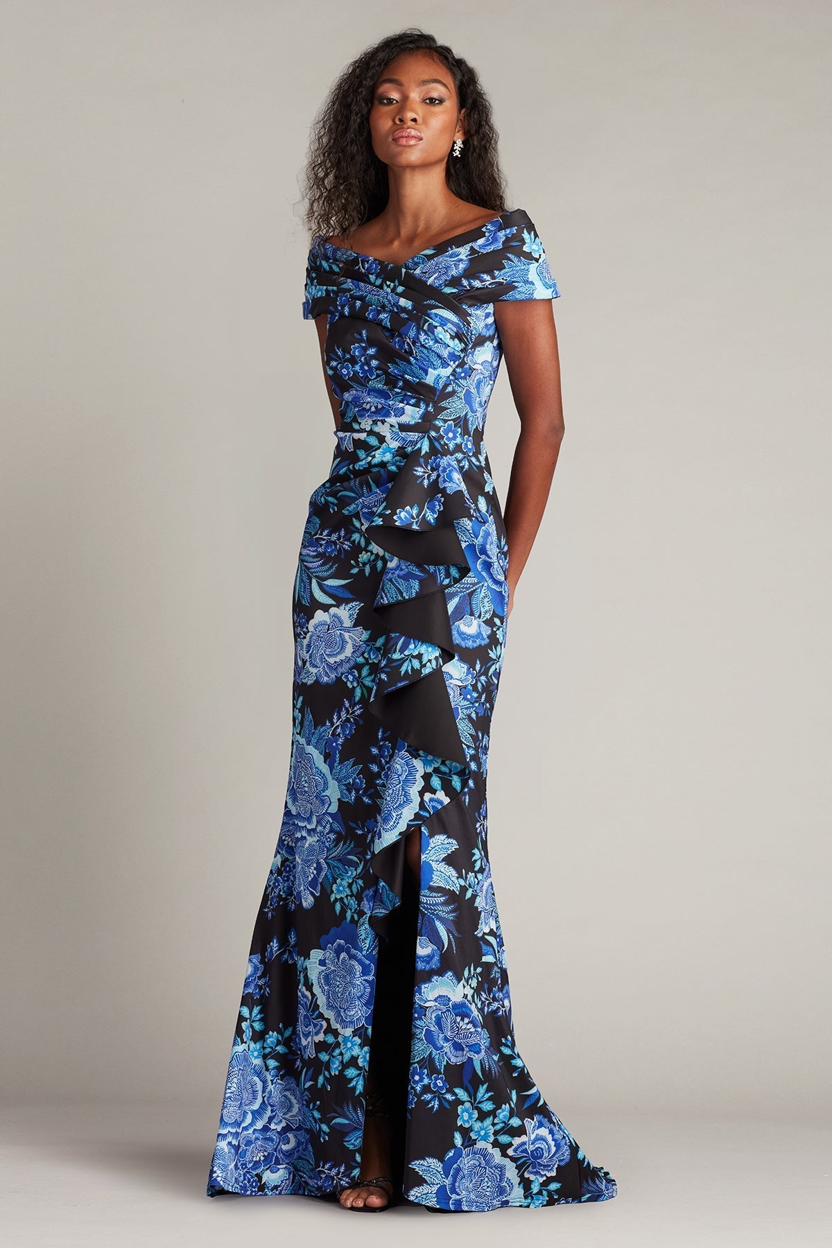Tadashi Shoji CII25478L Formal Long Floral Slit Ruffle Dress