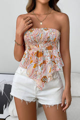 Paisley Print Strapless Ruched Asymmetrical Hem Top