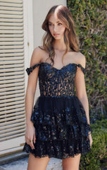 BRENNA MINI DRESS - BLACK - OFF SHOULDER TIERED SHORT DRESS