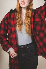 Stylish Hooded Plaid Shirt Frayed Coat