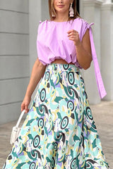 Taro Purple Short Top Printed Skirt Suit