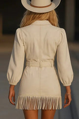 Stylish Long-sleeved Fitted Waist Fringed Hem Denim-style Mini Dress