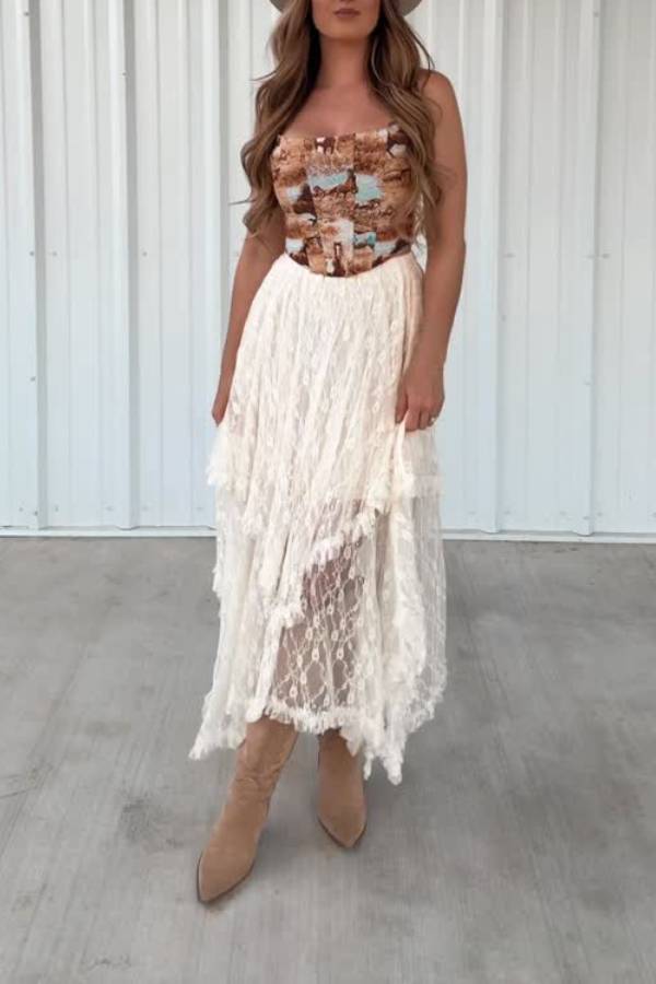 Off-White Lace Irregular Ruffle Tiered Maxi Skirt