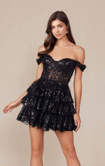 BRENNA MINI DRESS - BLACK - OFF SHOULDER TIERED SHORT DRESS