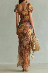 Orange Bohemian Holiday Oil Painting Print Chiffon Maxi Dress