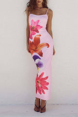 Spaghetti Strap Floral Print Bodycon Slit Maxi Dress