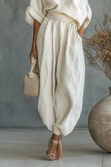 Off-white Linen Off-shoulder Loose Casual Top And Tapered Pants Set
