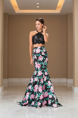 Halter-Neck Two-Piece Floral Print Long Prom Dress