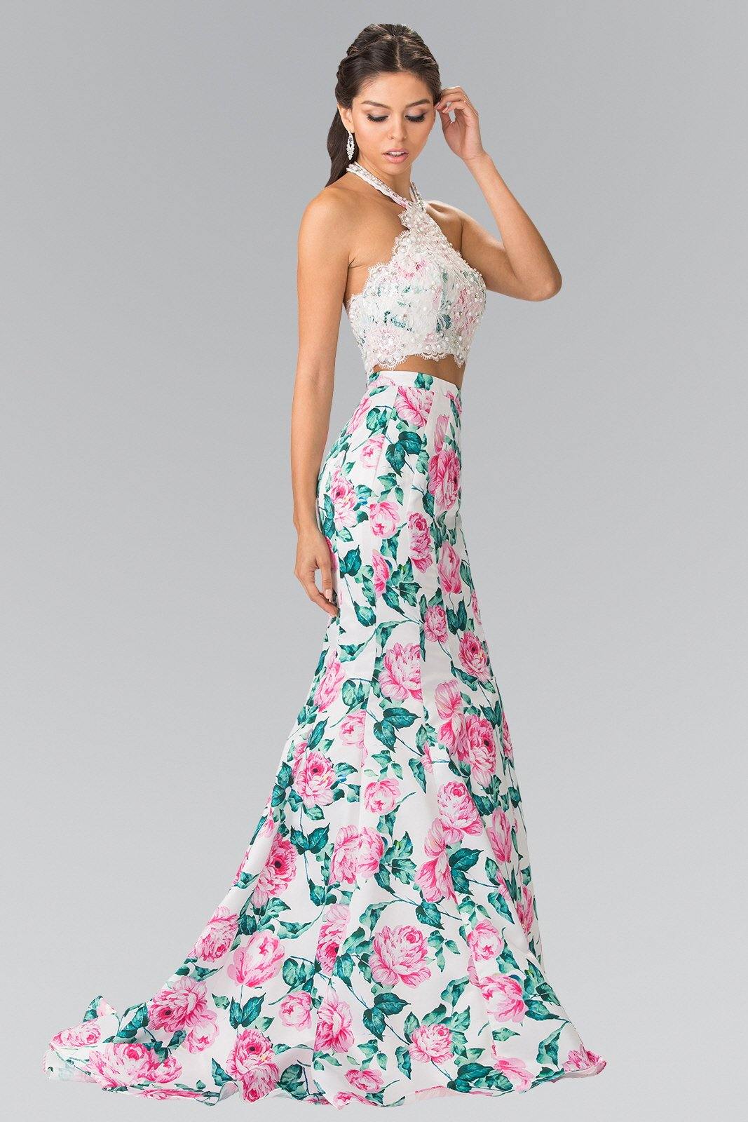 Halter-Neck Two-Piece Floral Print Long Prom Dress