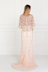 Long Plus Size Cape Sleeve Formal Prom Gown