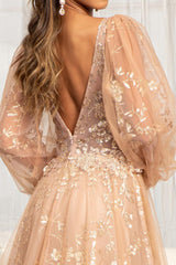 Long Sleeve Formal Glitter Evening Prom Dress