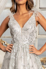 Long Sleeveless Formal Feather Shoulder Prom Dress