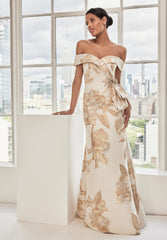 MGNY Madeline Gardner New York 73115 Long Metallic Floral Print Formal Dress
