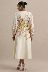 Dahlia | White Floral Border Print High-Neck Midi Dress